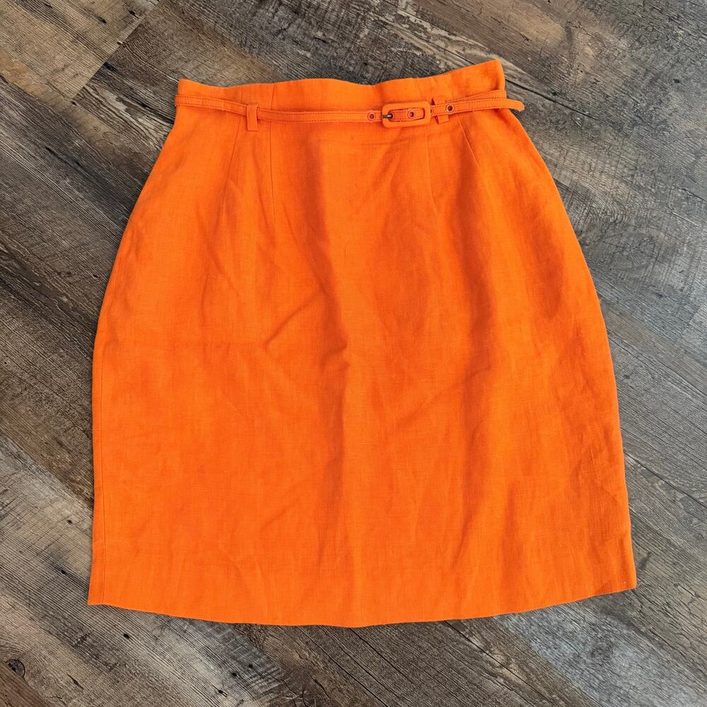 Limited Orange Linen Pencil Skirt Size 6 Belted Lined Back Zip Summer Preppy